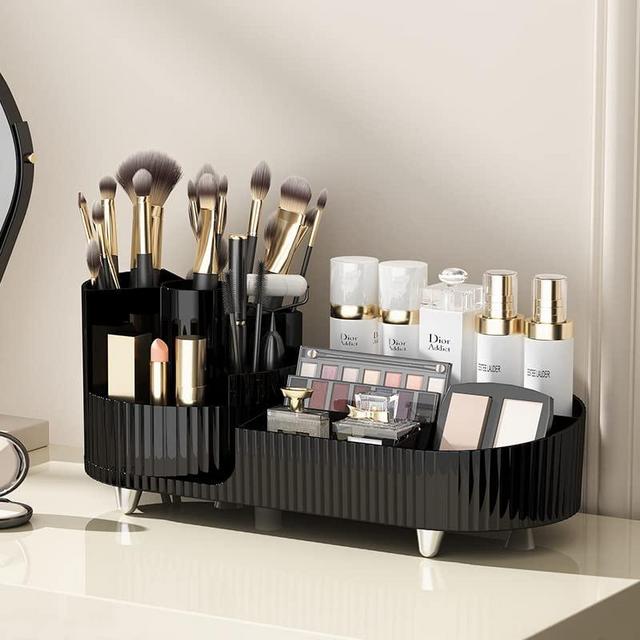 CESTATIVO Makeup Organizer for Vanity, Large Capacity Skincare Organizer with Rotating Makeup Brush Holder Organizer, Cosmetics Organizer for Bedroom Dresser Bathroom Vanity Countertop, Black