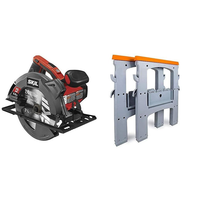 SKIL 5280-01 15-Amp 7-1/4-Inch Circular Saw with Single Beam Laser Guide & AmazonBasics Folding Sawhorse - Set of 2, 900 Pound Capacity