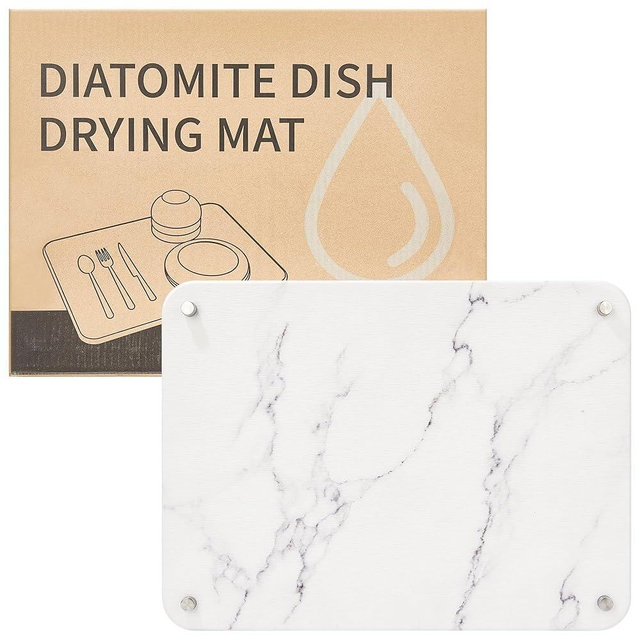 Amviner Stone Dish Drying Mat for Kitchen Counter, Quick Drying Diatomaceous Earth Dish Drying Mat with 4 Metal Brackets for Kitchen Sink, Size 15.7 x 11.8 Inches, White Marble Style