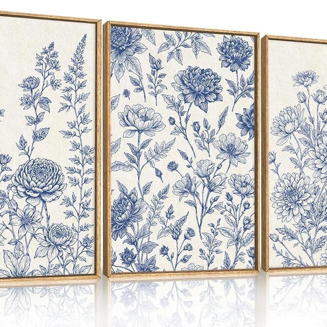 Celestdeco Classic Chinoiserie Floral Framed Canvas Wall Art Set, Blue and White Flower Wall Decor, Navy Watercolor Wall Painting, Minimalist Wildflower Art Print for Living Room, Bedroom - 24"x36"×3