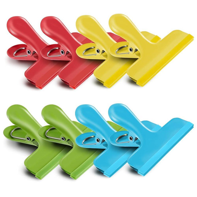 HOUSE AGAIN 8 Pack Stainless Steel Chip Bag Clips Covered with Silicone - NO More Sharp Edges - Color Coded for Food Bags - Air Tight Seal, Heavy Duty, 3 Inches Wide, Red, Yellow, Blue, Green