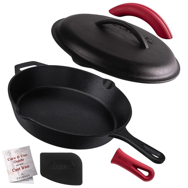 Cast Iron Skillet with Lid - 12 inch Pre-Seasoned Covered Frying Pan Set + Silicone Handle Lid Holders + Scraper/Cleaner - Indoor/Outdoor, Oven, Stovetop, Camping Fire, Grill Safe Kitchen Cookware