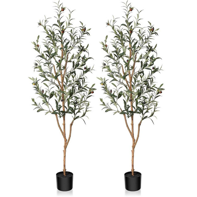 Kazeila Artificial Olive Tree 5FT Tall Faux Silk Plant for Home Office Decor Indoor Fake Potted Tree with Wood Branches and Fruits, 2 Pack