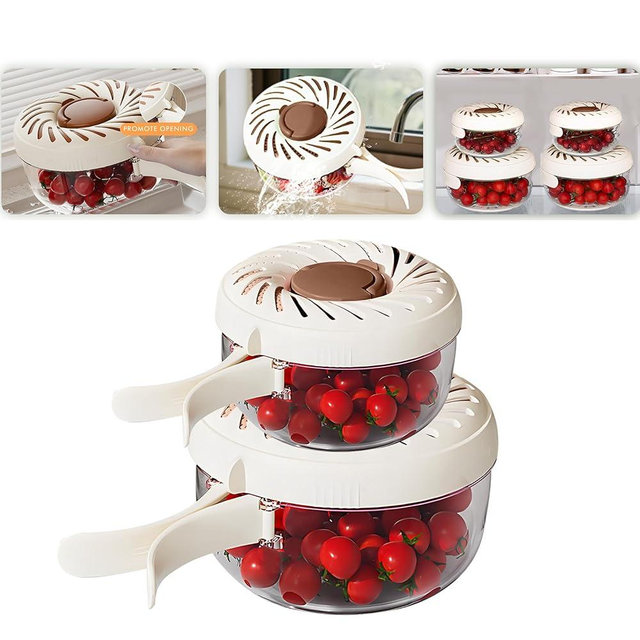 2Pcs Upgraded Fruit Washing Bowl with Strainer,BPA-Free Drain Basket for Lid & Ice Compartment,Multifunctional Berry Washer,Foldable Handle Strainer and Colander for Fridge or Picnic(1QT+2.85QT)