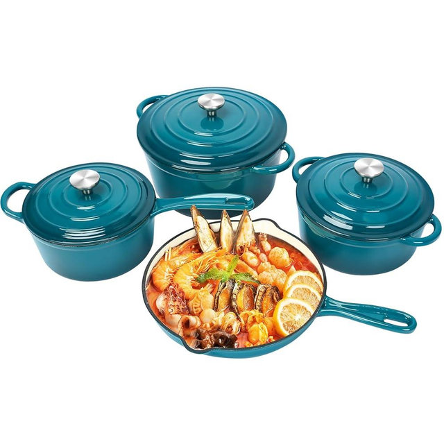 QuliMetal Nonstick Enameled Cast Iron Cookware Set, 7Pcs Pots and Pans with Lid, Frying Pan Skillet, Saucepan, Healthy Dutch Oven for Sourdough Bread Baking, Oven Safe up to 500° F or on All Stovetop