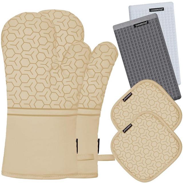 Oven Mitts and Pot Holders Set 6pcs, Kitchen Oven Glove,High Heat Resistant 550 Degree Extra Long Oven Mitts and Potholder with Non-Slip Silicone Surface for Cooking Baking Grilling… (Khaki)