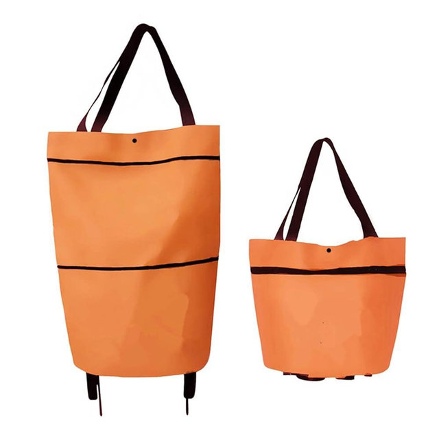 WIMCBLL 2 in 1 Foldable Shopping Cart, 2023 New Bag Carts with Wheels, Portable Rolling Tote Waterproof Trolley Collapsible Grocery Cart (Orange)