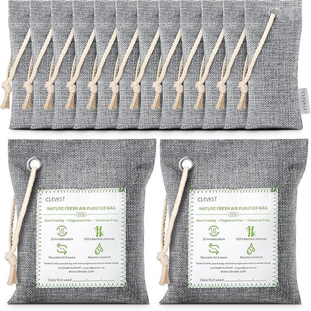 CLEVAST 14 Pack Activated Bamboo Charcoal Air Purifying Bags(2x200g, 12x50g), Natural Fresh Odor Absorber, Deodorizer and Moisture Eliminator, Air Purifier Bags for Home