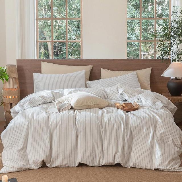 MooMee Striped Duvet Cover Set 100% Washed Cotton Linen Like Textured Breathable Durable Soft Comfy (White Cornflower Blue Wide Stripes, Super King 108"x98")