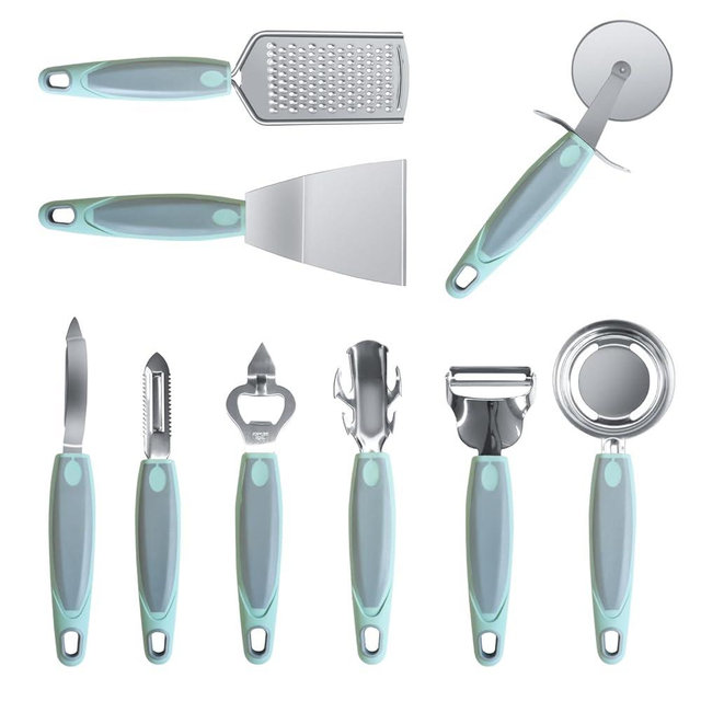 HIFIND Stainless Steel Kitchen Gadget Set, 9 PCS Cooking Gadgets Tools Set with Soft Touch Handles, Pizza Cutter, Peeler, Cheese Grater, Bottle Opener, Egg Separator, Grill Spatula, Holding Clamp