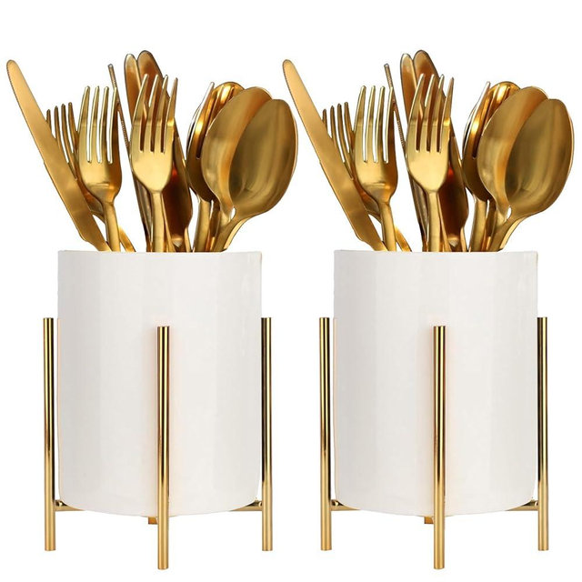 SIEBOLD Flatware Caddy Silverware Organizer for Spoons, Knives and Forks with Shiny metal frame Tray for Farmhouse Kitchen Decor and Countertop(5.9'' * 3.9'')