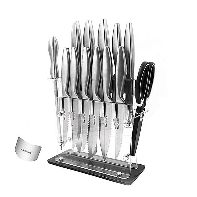 Block Knife Sets Stainless Steel With Sharpening Beafuorct 15 piece Steak Knives Set Professional Chef Knife and Scissors for Kitchen