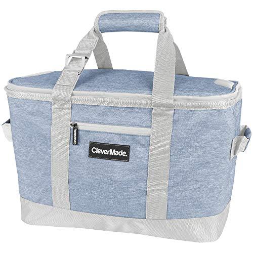 CleverMade Collapsible Cooler Bag: Insulated Leakproof 50 Can Soft Sided Portable Cooler Bag for Lunch, Grocery Shopping, Camping and Road Trips, Steel Blue/Cream