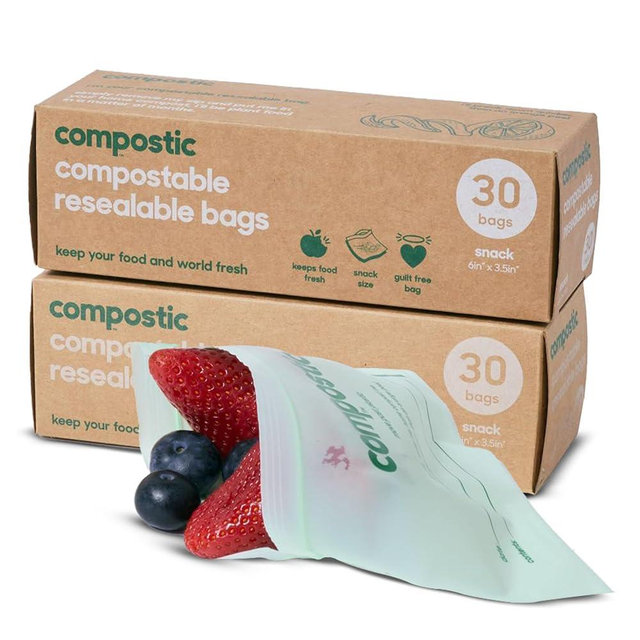 Compostic Home Compostable Resealable Snack Bags (6"x 3.5"), Microwave & Freezer Safe, Organic Food Storage Container, 60 Count (30 per box)
