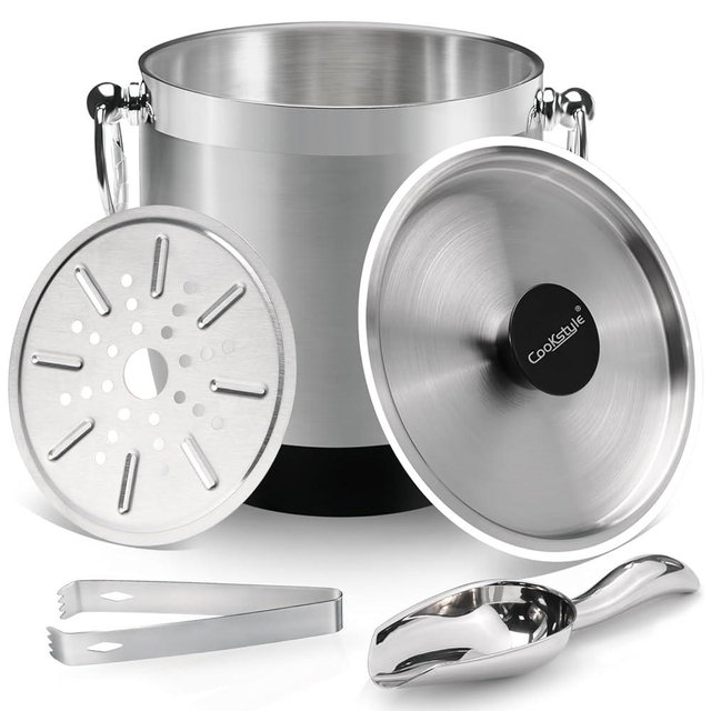 COOKSTYLE Double-Wall Stainless Steel Insulated Ice Bucket With Lid & Ice Tong [3 Liter] Included Strainer Keeps Ice Cold & Dry, Home Bar, Chilling Beer, Champagne, Wine Bottle