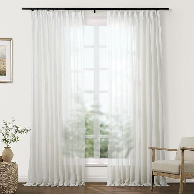 TWOPAGES Natural Linen Textured Sheer Curtains 96 Inches Long Pinch Pleat Drapes for Living Room Bedroom Faux Linen Curtains with Hooks, 2 Panels, 40" W x 96" L