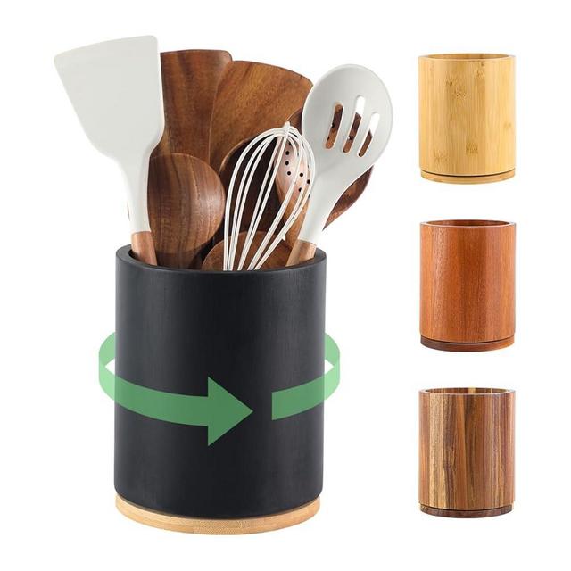 gorsent Wooden Utensil Holder, 360°Rotating 7.3'' Large Utensil Holder for Kitchen Counter, Kitchen Utensil Organizer, Utensil Crock, Farmhouse Kitchens Countertop Decor, Black Color