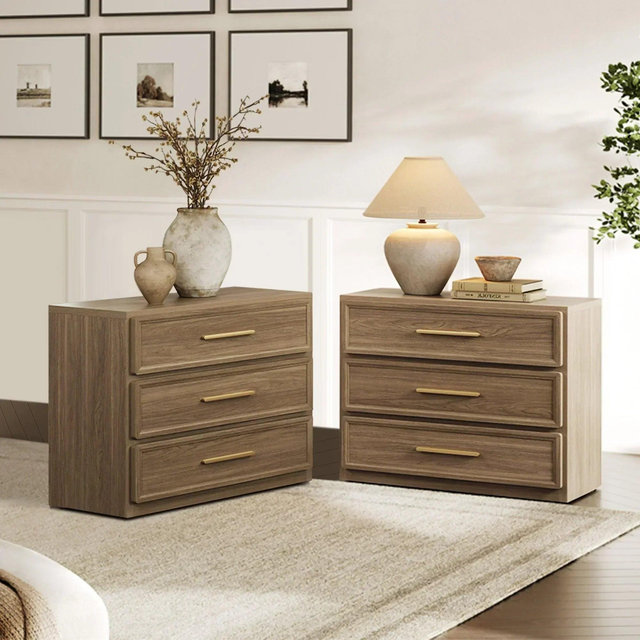 Crescent Nightstands, 3 Drawers Set of 2, Walnut Brown Color
