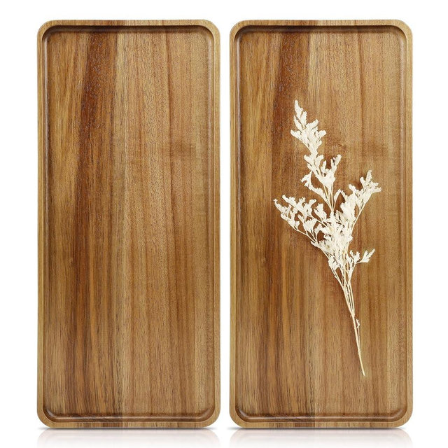 Charmlife 2 pcs 16 x 7 inch Large Solid Acacia Wood Serving Trays Rectangular Wooden Serving Platters Natural Wooden Boards for Bar Coffee Party