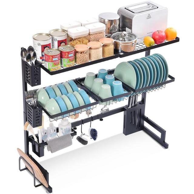 TOOLF Over The Sink Dish Drying Rack, Adjustable Length(29.4"-37.4") Height, 3 Tier Large Capacity Dish Rack, Sink Organize Stand Shelf, Kitchen Counter Supplies Storage for Plates Bowls Pots, Black