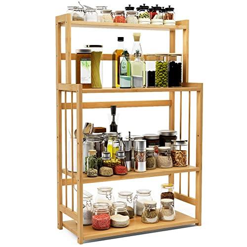 4-Tier Standing Spice Rack LITTLE TREE Kitchen Bathroom Countertop Storage Organizer, Bamboo Spice Bottle Jars Rack Holder with Adjustable Shelf, Bamboo