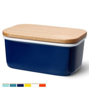 Sweese 3160 Large Butter Dish - Porcelain Keeper With Beech Wooden Lid, Perfect for 2 Sticks of Butter, Navy