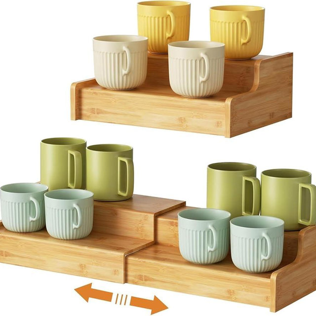 Hongtamoya 2-Tier Expandable Bamboo Coffee Mug Holder, Mug Organizer for Kitchen Cabinets, Mug Cup Rack, Multi-Functional Cup Holder Shelf, Coffee Bar Organizer, Home