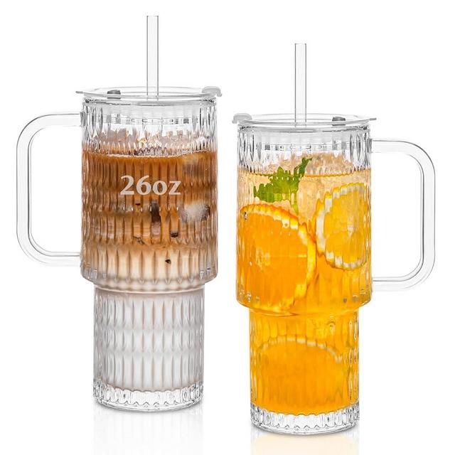 SoulTimes 26oz Raindrop Glass Tumbler with Handle - Set of 2, Reusable Iced Coffee Cup, Glass Cup with Lid and Straw for Smoothies, Juice, Coffee, Tea, Milk & More
