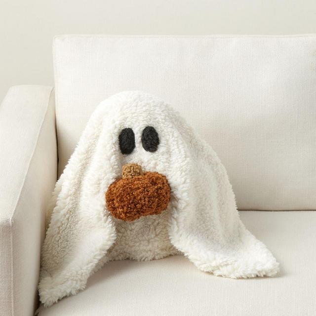 Gus the Ghost with Pumpkin Throw Pillow, 11" x 13", Ivory