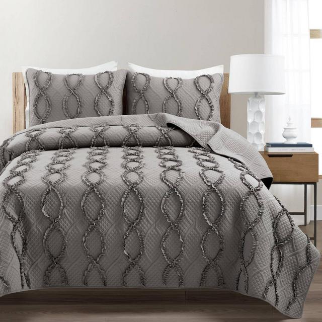3pc King Avon Textured Ruffle Quilt Set Dark Gray - Lush Décor