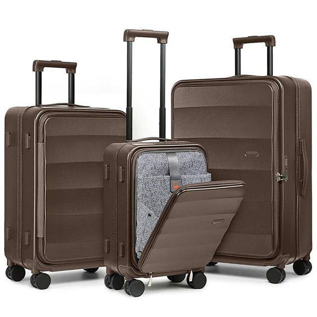 Joyway Luggage Set 3 Piece Top Opening Suitcase Set with Spinner Wheel and TSA Lock, PC Hard Shell Carry on Luggage with Front Pocket for Woman Men (Coffee)