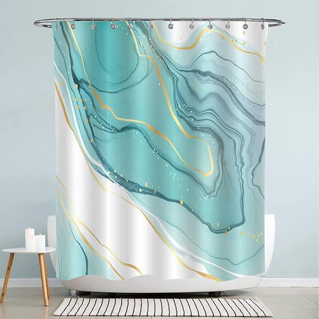 Turquoise Marble Shower Curtain Watercolor Teal Golden Lines Shower Curtain Sets with Hooks, Abstract Bathroom Curtains Waterproof Polyester Fabric Bathroom Art Decor 72x72 Inches