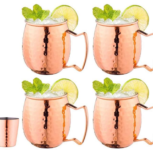 Moscow Mule Copper Mugs w Handles (4-Pack) Classic Drinking Cup Set , Home, Kitchen, Bar Drinkware , Helps Keep Drinks Colder, Longer , Food-Grade Safe Lining