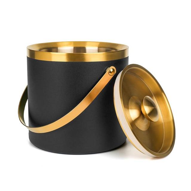 3L Double-Wall Insulated Stainless Steel Ice Bucket with scoop & tongs for Cocktail Bar - Metal Ice Bucket for freezer with Lid for parties,ice holder,champagne bucket,bar cart accessories (black)