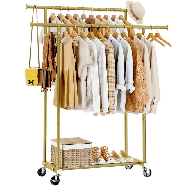 HYSEYY Double Rods Clothes Rack, Sturdy Rolling Clothing Rack, Portable Clothing Racks for Hanging Clothes - Metal Garment Rack Wardrobe Coat Rack for Bedroom Laundry Living Room, Gold
