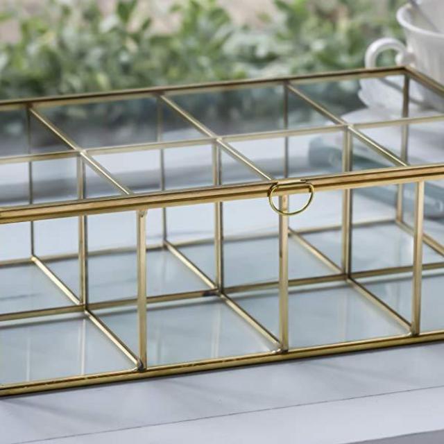 Glass Tea Box Organizer Sugar Packets Storage Decor 8 Grids Compartments Divided Handcrafted Brass Metal Frame Jewelry Counter Top Display Case Large