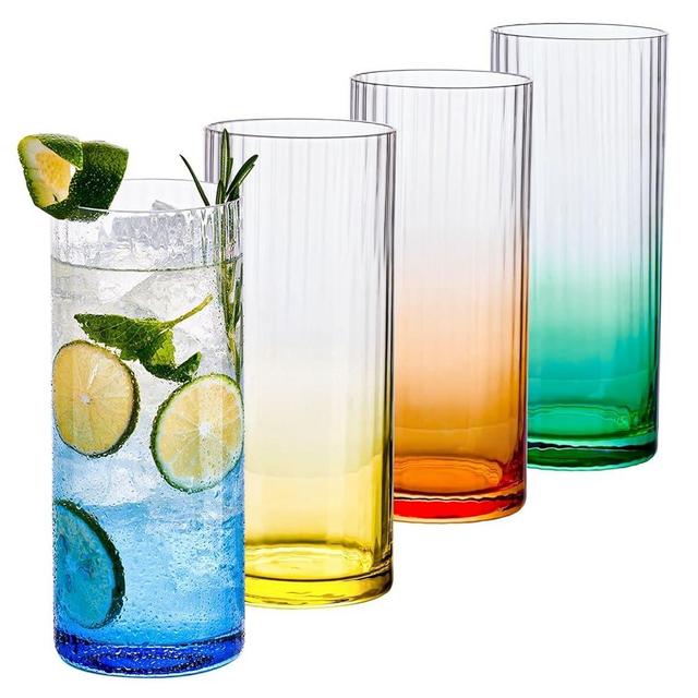 ColoVie Drinking Glasses set of 4, Colored Vintage Highball Glasses, Iced Tea Glass Cups, Ribbed Tall Glass, Collins Glass, Water Glasses, Mojito Glass Cup, Lightweight Lead-Free Crystal Bar Glassware