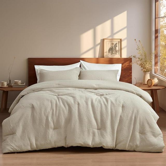 PHF 3 Pieces Waffle Weave Comforter Set King Size, Lightweight Breathable Comfy Bedding Set for All Season, Ultra Soft Textured Comforter Set with 2 Pillow Shams, Linen