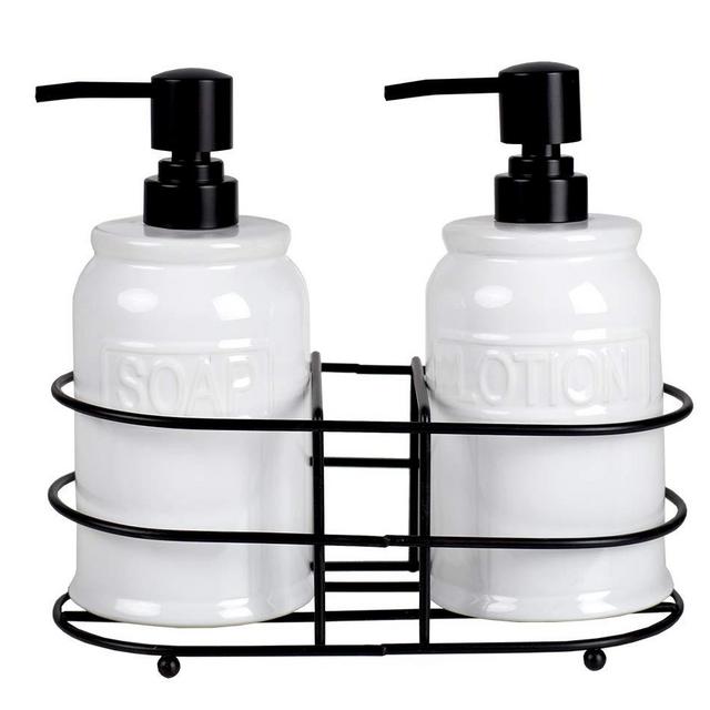Home Basics 3 Piece Embossed Glazed Ceramic Dispenser with Dual Compartment Metal Rack for Liquid Soap, Lotion, Shampoo, Essential Oils, White