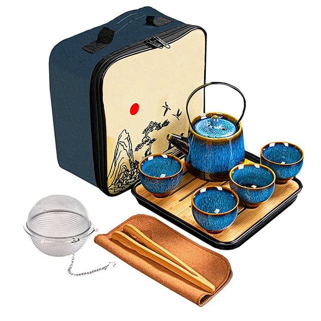 Ceramic Kungfu Tea Set,Chinese Tea Set,Contains Tea Tray and Bag,Tea Sets for Women/Man/Adults,Suitable for Parties and Travel,with Tea Strainer-Stainless