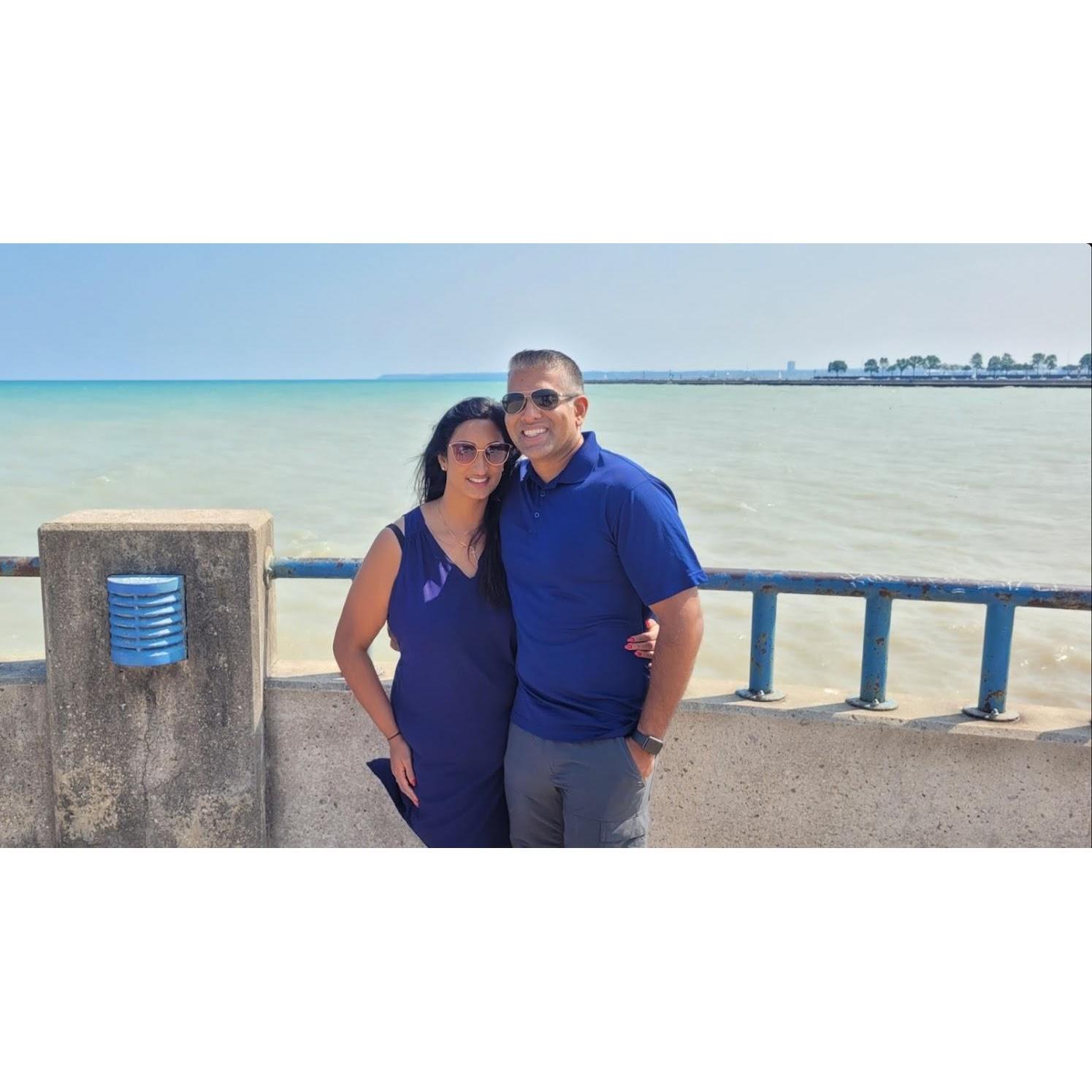 Right after Roy proposed at one of our favorite spots in Milwaukee.  We have had several deep conversations and romantic walks on the beach here