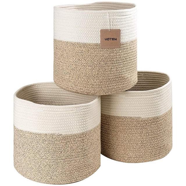 voten Cotton Rope Storage Basket Bins 3Pack for Baby Toys Laundry Nursery Storage,Woven Storage Basket with Handles,Decorative Basket for Living Room,Round 11x11x11Inch Cube Storage Bins Basket Brown