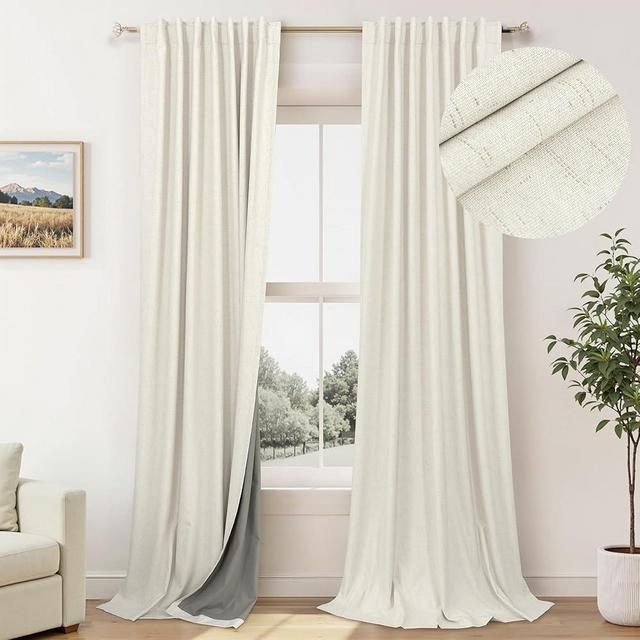 Pitalk Cold Weather Thermal Curtains Farm House Boho Black Out Room Darkening Insulated Linen Blackout Winter Curtain 102 Inch Long for Living Room Bedroom 2 Panels Set Off White Cream 42 x 102 Length