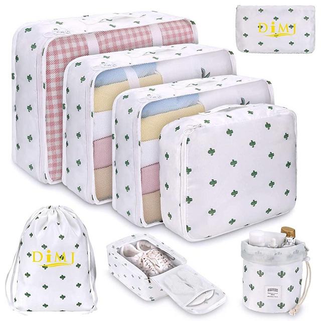 DIMJ Packing Cubes for Travel, 8Pcs Travel Cubes Set Foldable Suitcase Organizer Lightweight Luggage Storage Bag (White Cactus)