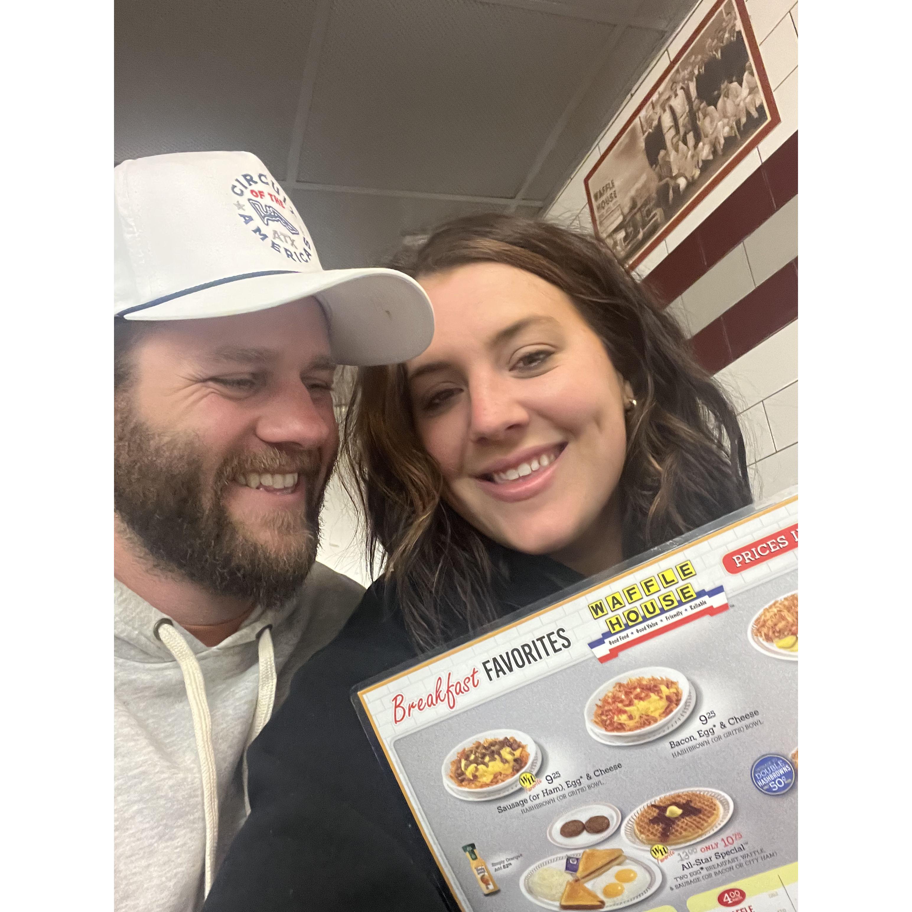 12am waffle house stop in Tuscaloosa - we were super tired and hungry but had the best time here!