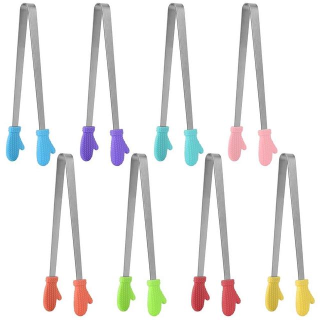 Mini Tongs, 8 Pcs Silicone Small Tongs neheewin 5.5 Inch Serving Tongs, Small Kids Tongs for Serving Food, Cooking,Appetizers,Ice Cube, fruits, Sugar (Glove Shape)