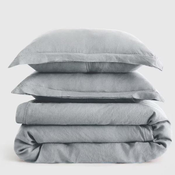 European Linen Double Flange Duvet Cover Set - Mist, Full/Queen
