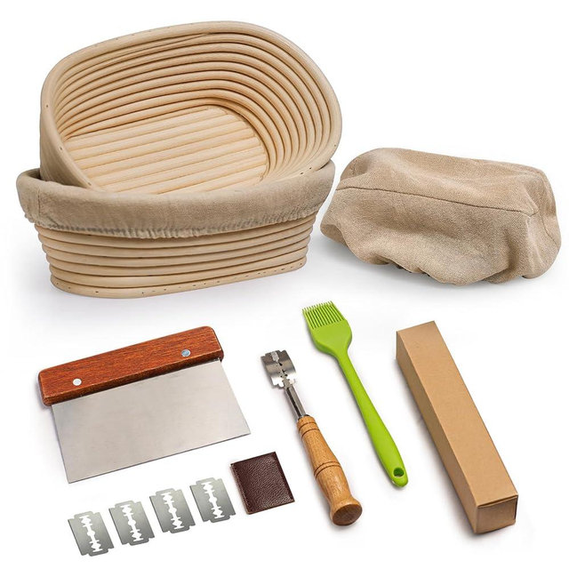 Rorecay Banneton Bread Proofing Baskets Set of 2, 10 Inch Oval Cane Sourdough Bread Rising Basket Bowls with Sourdough Bread Lame Dough Scraper Basting Brush for Sour Dough Proofing Fermentation