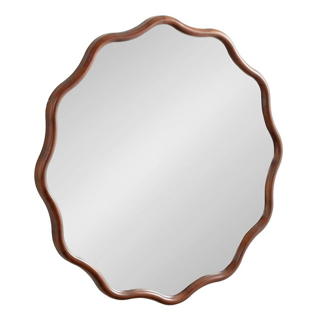 Kate and Laurel Talma Mid-Century Round Scalloped Wall Mirror; 30 Inch Diameter; Walnut Brown; Modern Circle Mirror with Solid Poplar Wood Frame and Rounded Frame Profile