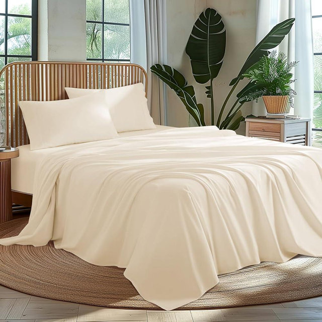 AiAngu 100% Egyptian Cotton Queen Size Sheets Set - Luxury 1000 High Thread Count Egyptian Cotton Bed Sheets 4 PC, Breathable & Cooling Sheets, 16" Deep Pocket(Queen,Beige)